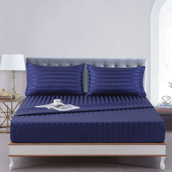 Blue stripe satin fitted bedsheet - (premium)