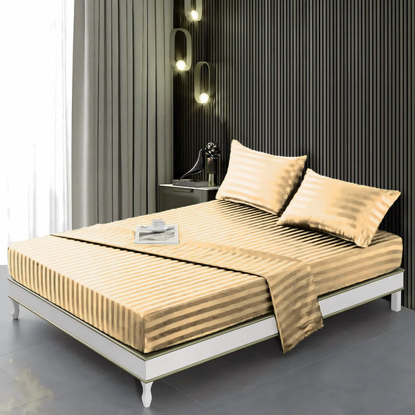 Beige stripe satin fitted bedsheet - (premium)