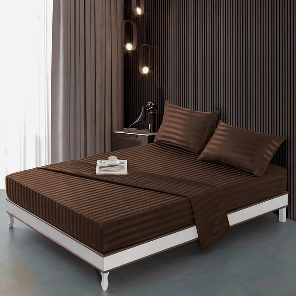 Brown stripe satin fitted bedsheet - (premium)