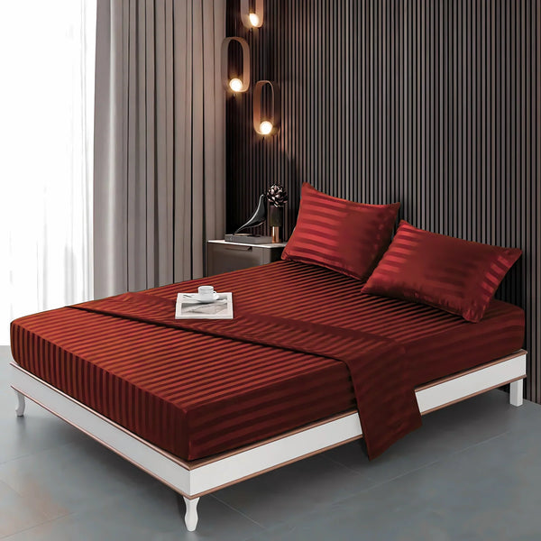 Mehroon stripe satin fitted bedsheet - (premium)