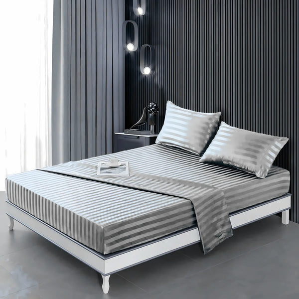 Silver stripe satin fitted bedsheet - (premium)